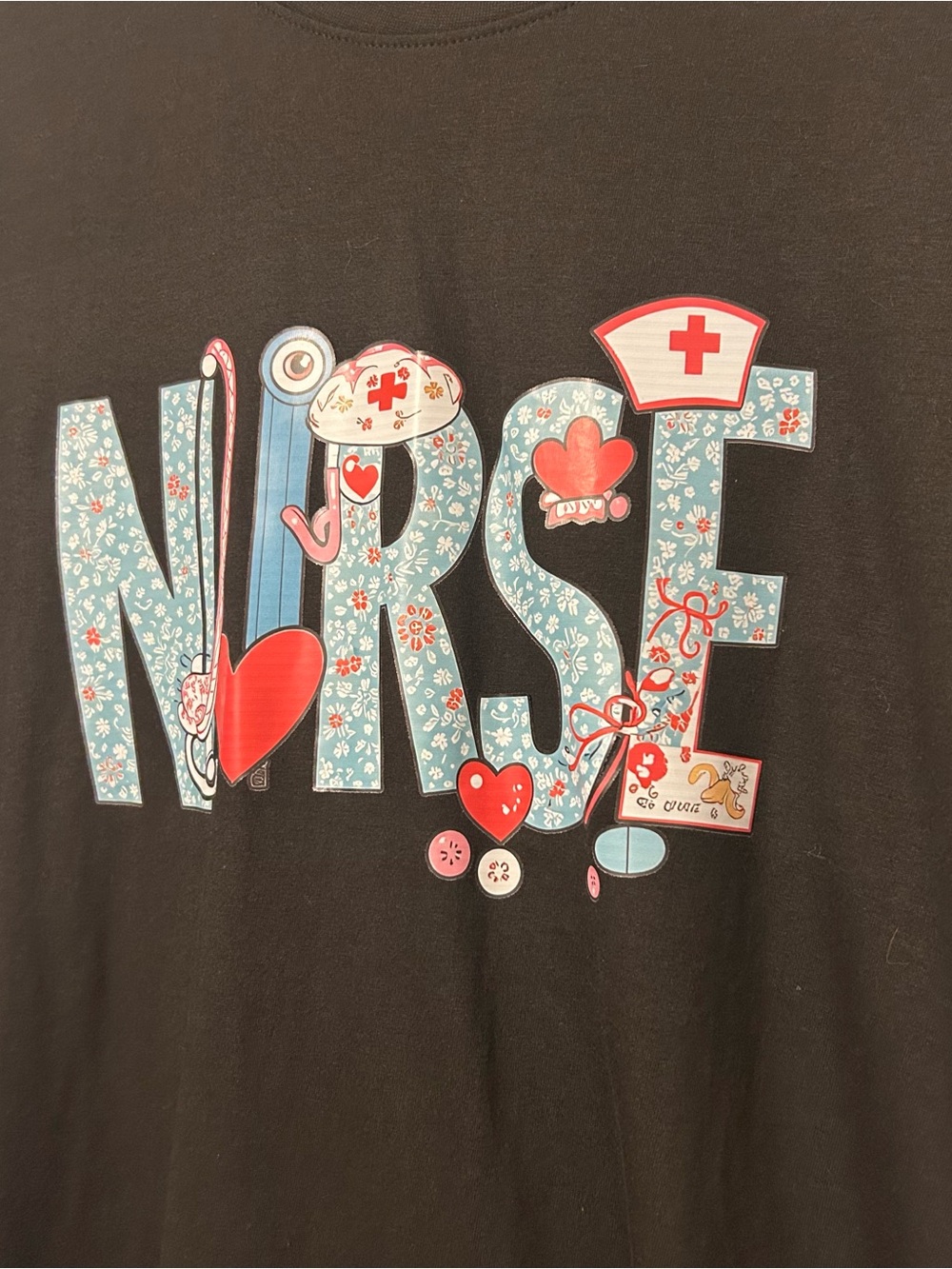 Nurse Graphic Black Tee with Blue‎ & Red Accents